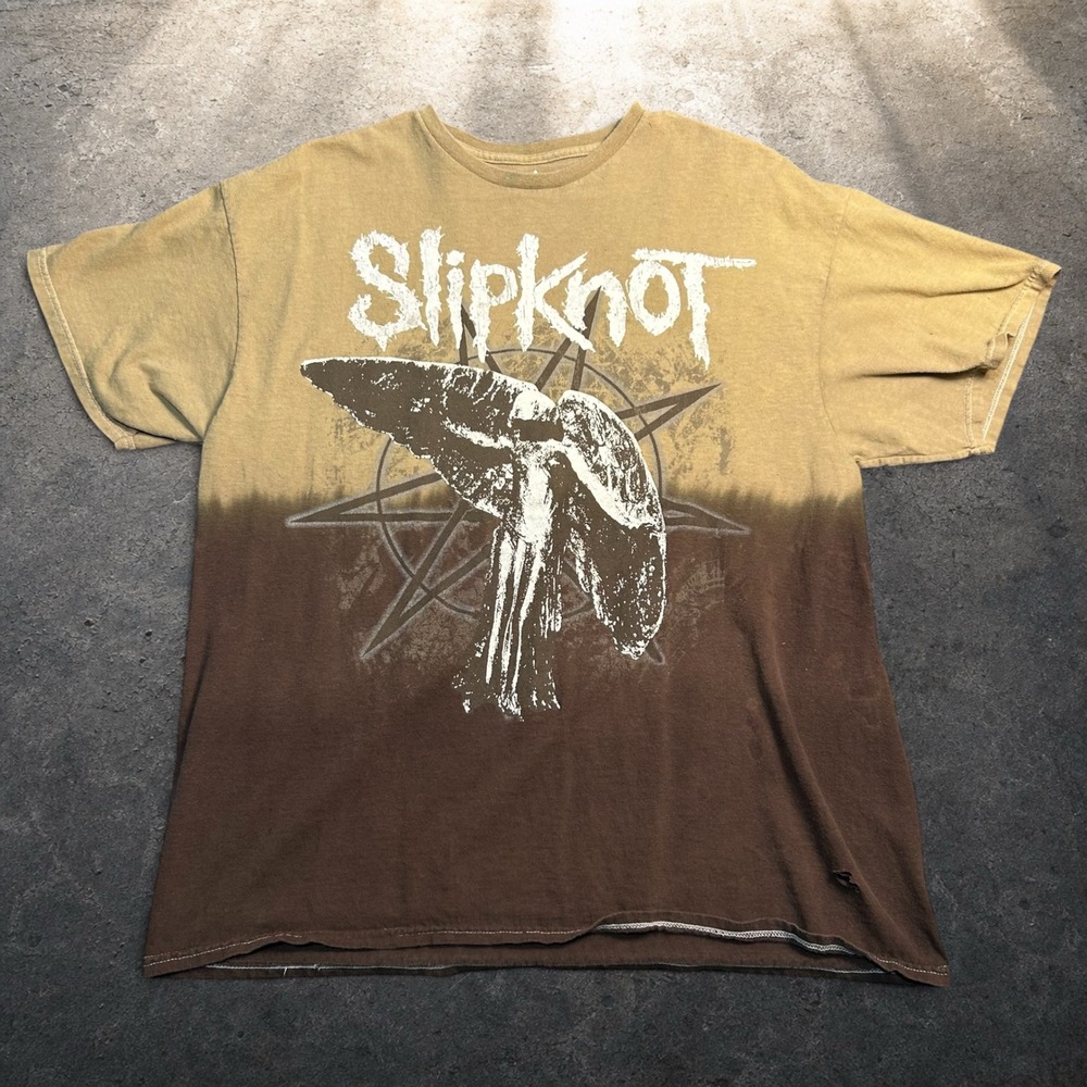 Slipknot Graphic Band Tee Brown Tan Dip Dye Shirt Y2K Goth Skater Size Large